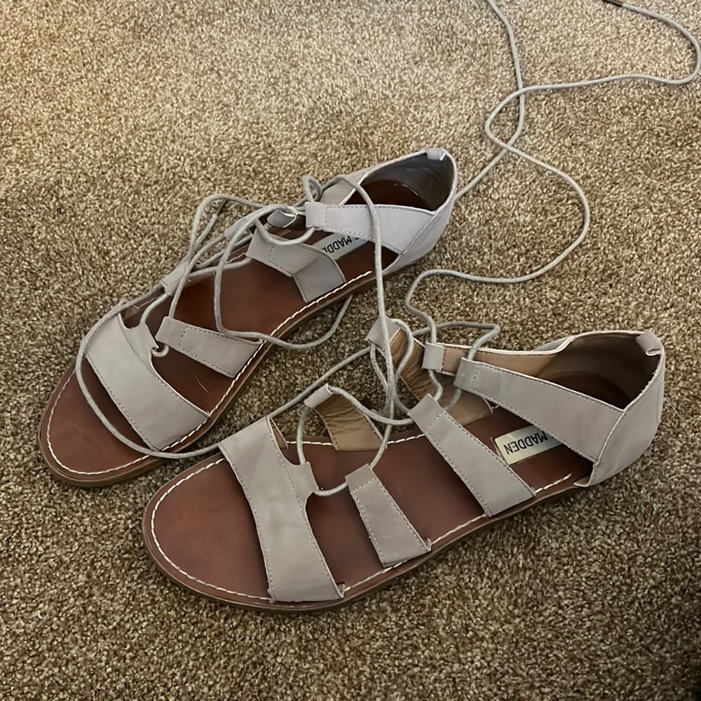 Steve Madden tan/taupe tie up sandals, lightly worn, size 10
